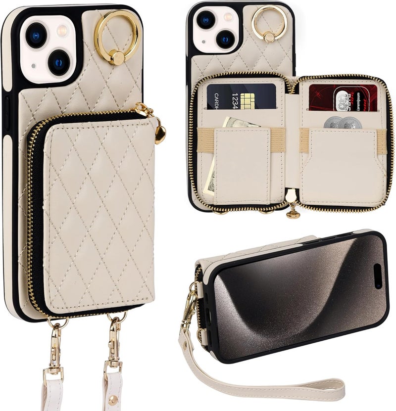 Keallce Case for iPhone 15 Plus 6.7'' Wallet Case, Crossbody Zipper Purse with Handbag Wristlet for Women, RFID Blocking Card Holders, 360° Ring Kickstand Flip Leather Cover for iPhone 15 Plus, Beige - Image 1